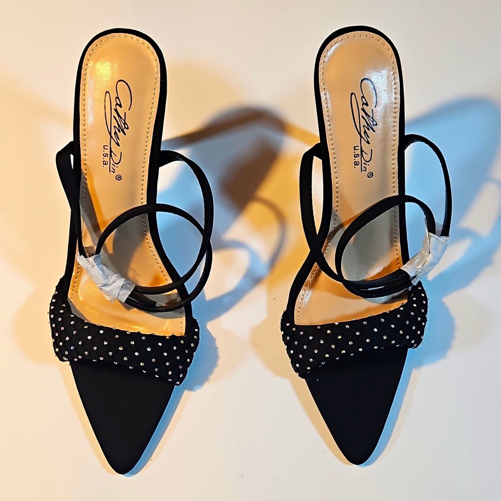 Cathy Din Black Rhinestone Strappy Pointed Toe Slip On Stiletto Heel 7